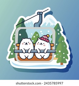 Cute cartoon designed sticker with ski lift and animal inside. Mountain elevator with polar bear in forest. Ropeway with characters. Funicular cabin. Isolated on blue background. Vector illustration