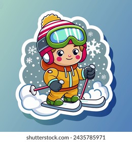 Nette Cartoon entworfen Aufkleber mit Ski-Junge in warmen Sportgeräten. Schneereiche Wintersaison. Aktivitäten für Kinder im Freien. Glückliche Kinderfreizeit. Isoliert auf blauem Hintergrund. Vektorgrafik