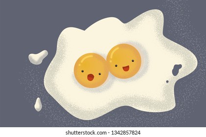 Cute Cartoon design.Fried egg breakfast cartoon.Colorful vector illustration in contemporary art style. Kawaii Modern flat color design.grain and noise texture.