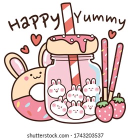 Cute cartoon dessert with happy yummy text on white background.Strawberry milk with bubble rabbit shape.Donut.Heart.Animal.Sweet.Kawaii.Kid graphic.Vector.Illustration.