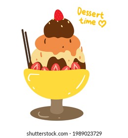 cute cartoon dessert of ice cream sorbet with chocolate and strawberry toppings. simple vector for food posters