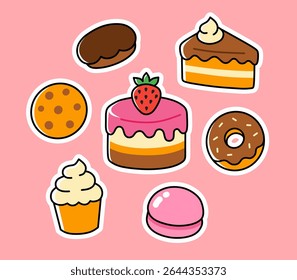 Conjunto de Sobremesa de Desenho Animado Bonito - Bolo, Rosca, Biscoito, Macaron e Cupcake no Fundo Rosa