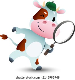 cute cartoon detective little cow looking for items with a magnifying glass on white background. funny animal in search . vector cartoon character illustration.