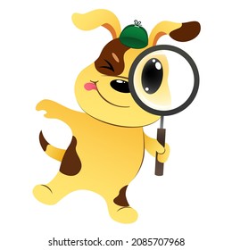 cute cartoon detective little dog looking for items with a magnifying glass on white background. funny puppy in search . vector illustration.