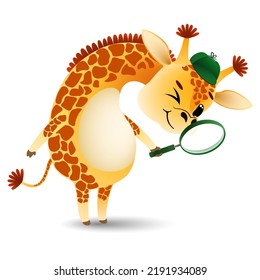 cute cartoon detective little giraffe looking for items with a magnifying glass on white background. funny animal in search . vector cartoon character illustration.