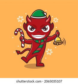 adorable demonio de dibujos animados con caramelos y campanas de navidad. ilustración vectorial para logotipo o etiqueta de mascota