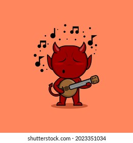 cute cartoon devil character is singing and playing guitar. vector illustration for children's book .mascot or logo