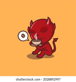 cute cartoon devil with a cup of coffee. vector illustration for mascot logo or sticker