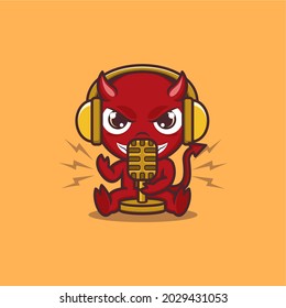 cute cartoon devil doing podcast broadcast. for mascot logo or sticker