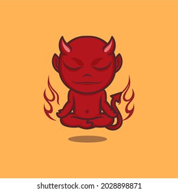 cute cartoon devil doing yoga meditation. vector illustration for mascot logo or sticker