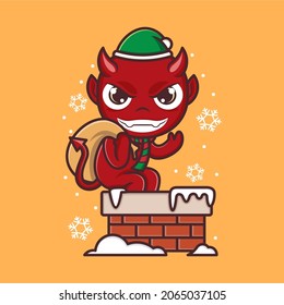 adorable demonio de dibujos animados al entrar por la chimenea en Navidad. ilustración vectorial para logotipo o etiqueta de mascota