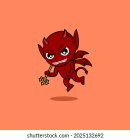 cute cartoon devil flying with trident .vector illustration for mascot or logo