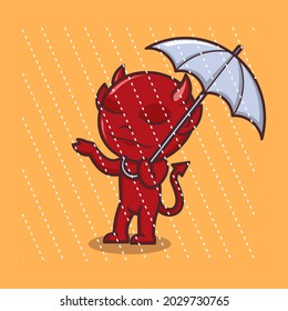 cute cartoon devil holding umbrella enjoying the rain. for mascot logo or sticker