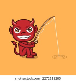 cute cartoon devil loves fishing