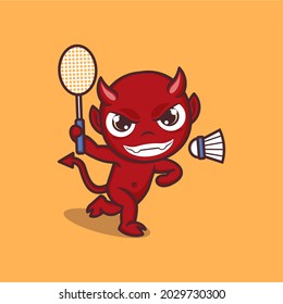 cute cartoon devil playing badminton. for mascot logo or sticker