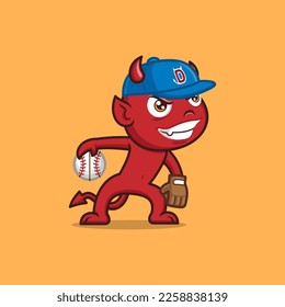 cute cartoon devil playing baseball