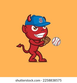 cute cartoon devil playing baseball