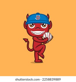 cute cartoon devil playing baseball