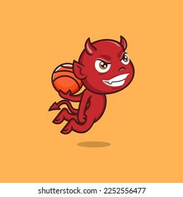 cute cartoon devil playing basketball