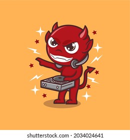 cute cartoon devil is playing dj become dj. vector illustration for mascot logo or sticker