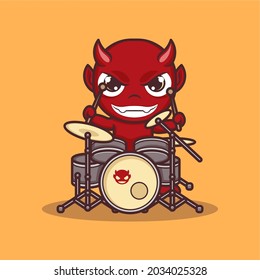 cute cartoon devil playing drums. vector illustration for mascot logo or sticker