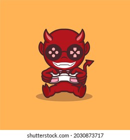 cute cartoon devil playing game using joystick. vector illustration for mascot logo or sticker