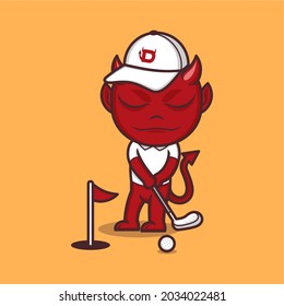 cute cartoon devil playing golf. vector illustration for mascot logo or sticker