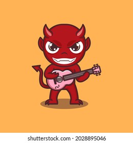 cute cartoon devil playing guitar. vector illustration for mascot logo or sticker