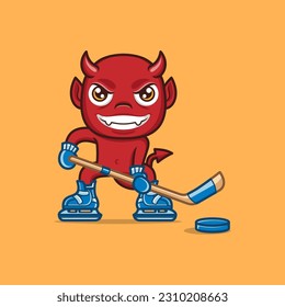 demonio de dibujos animados jugando al hockey