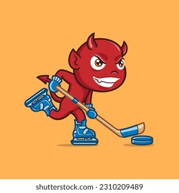 cute cartoon devil playing hockey