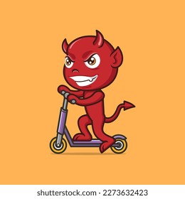 cute cartoon devil playing scooter