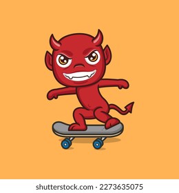 cute cartoon devil playing skateboard