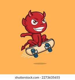 cute cartoon devil playing skateboard