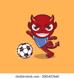 cute cartoon devil playing soccer. vector illustration for mascot logo or sticker