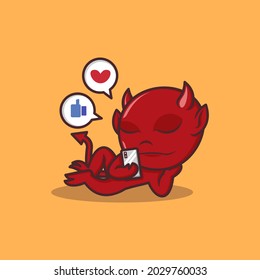 cute cartoon devil playing social media on mobile .vector illustration for mascot logo or sticker