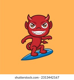 cute cartoon devil playing surfing
