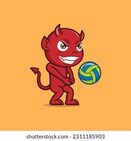 cute cartoon devil playing volleyball