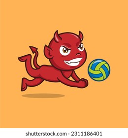 cute cartoon devil playing volleyball