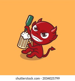 cute cartoon devil pouring beer. vector illustration for mascot logo or sticker