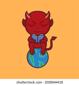 cute cartoon devil reading a book on a globe .vector illustration for mascot logo or sticker