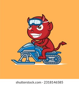 cute cartoon devil riding a snowmobile