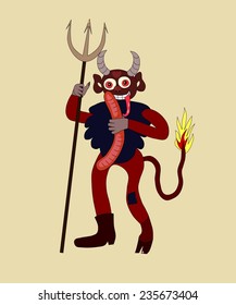 Cute cartoon devil with sausage