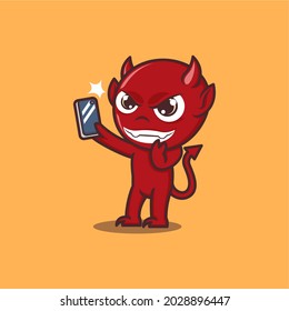 cute cartoon devil selfie with cellphone. vector illustration for mascot logo or sticker