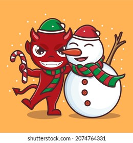 cute cartoon devil with snowman on christmas. vector illustration for mascot logo or sticker