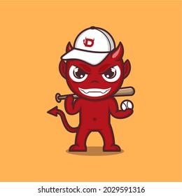 a cute cartoon devil in the style of a baseball player. for mascot logo or sticker