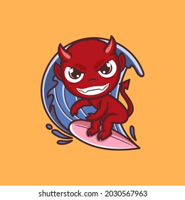 cute cartoon devil is surfing on the waves. vector illustration for mascot logo or sticker