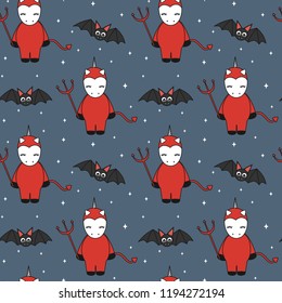 cute cartoon devil unicorns in the night halloween seamless vector pattern background illustration with bats