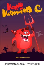Cute cartoon devil. Vector poster for Halloween party