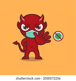 cute cartoon devil is wearing a mask and resisting the virus. vector illustration for mascot logo or sticker