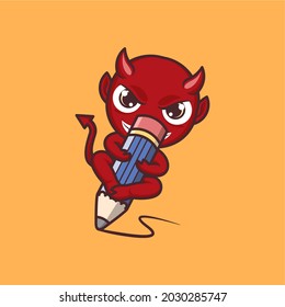 cute cartoon devil writing with pencil. vector illustration for mascot logo or sticker